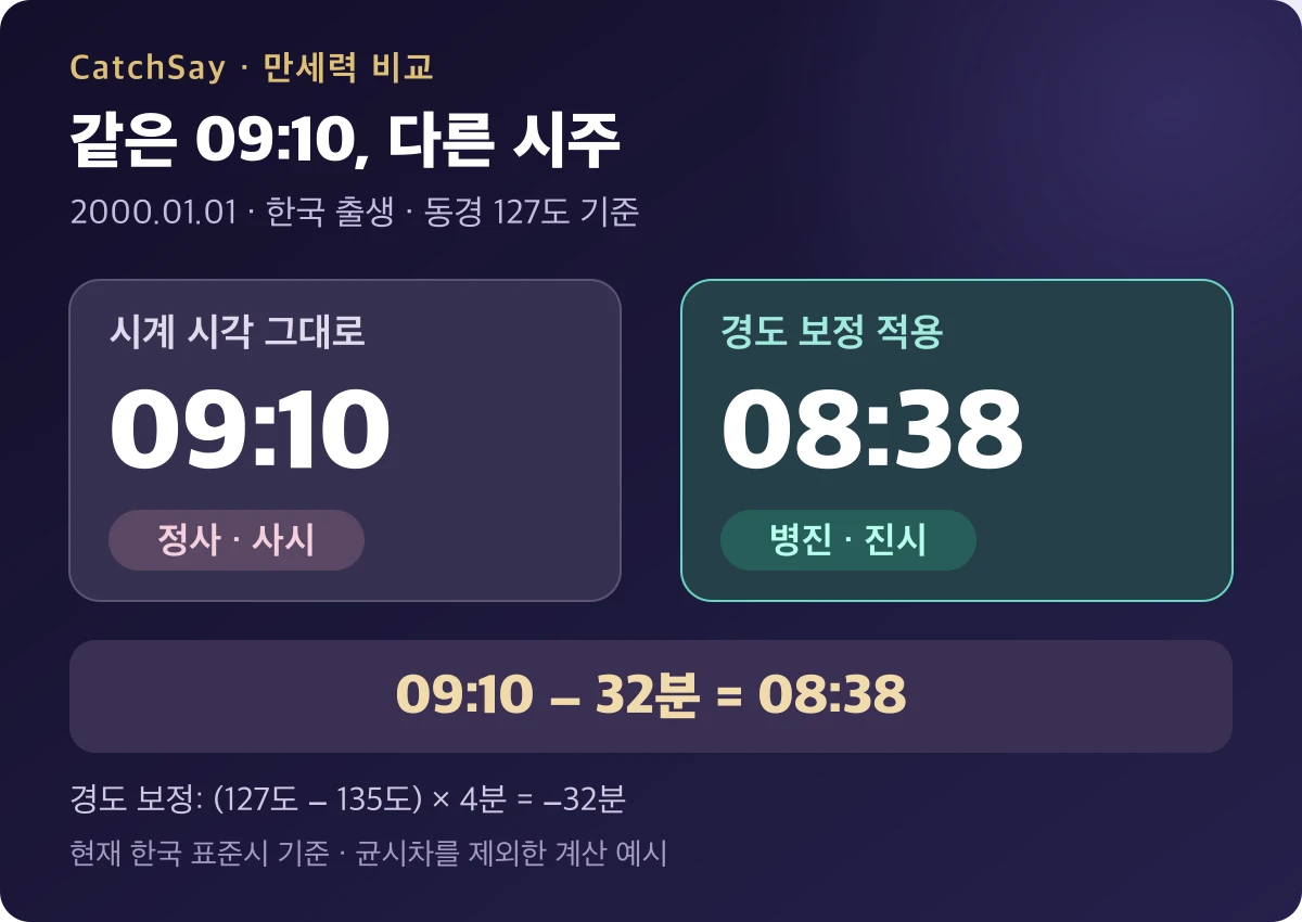 2000년 1월 1일 오전 9시 10분은 보정하지 않으면 정사시이고, 동경 127도 기준 32분을 빼면 오전 8시 38분으로 병진시가 되는 비교 그림